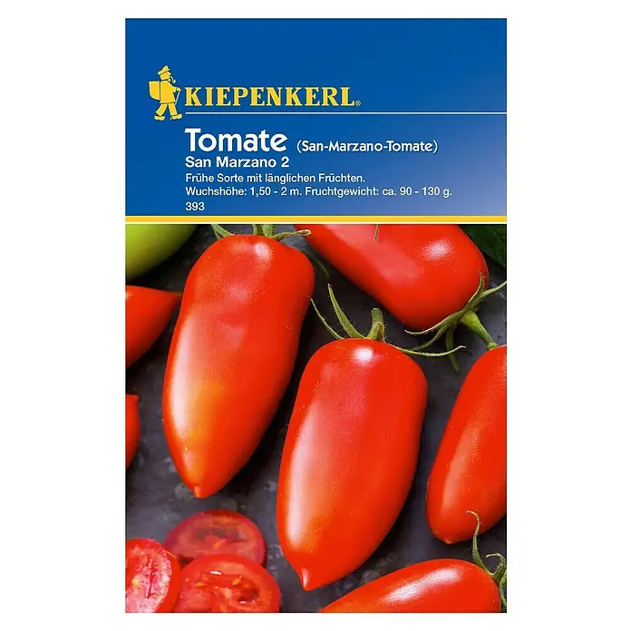 Kiepenkerl Gemüsesamen Tomate - San Marzano 2, Solanum lycopersicum, Erntezeit: Juli - Abbildung der Samenpackung "Tomate San Marzano 2" von Kiepenkerl mit länglichen, roten San-Marzano-Tomaten.