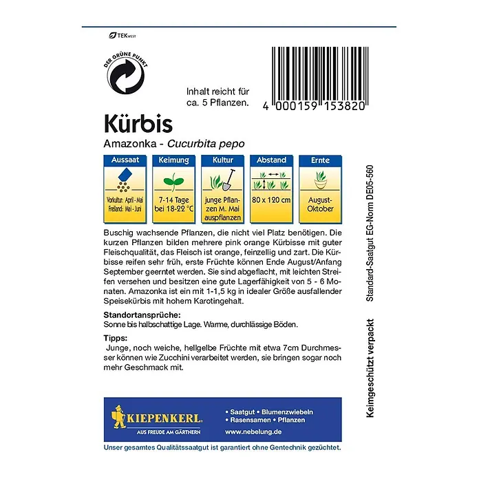 Kiepenkerl Gemüsesamen Kürbis - Cucurbita pepo, Erntezeit: August - Samentüte Kürbis Amazonka: Inhalt für ca. 5 Pflanzen, Aussaat April-Juni, Ernte August-Oktober.