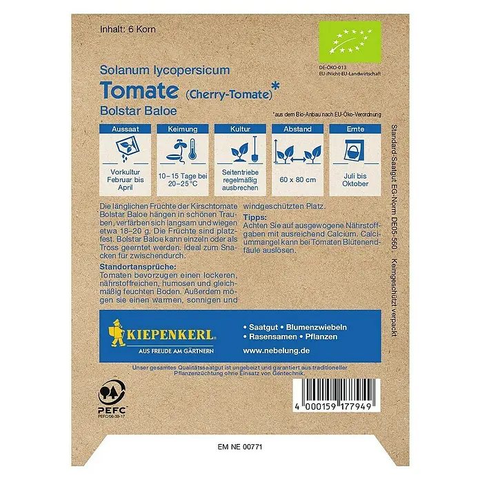 Kiepenkerl Profi-Line Gemüsesamen Tomate - Bolstar Baloe Bio, Solanum lycopersicum, Erntezeit: Juli - Bild einer Saatguttüte Tomate Bolstar Baloe, einer Cherry-Tomatensorte, mit Infos zu Aussaat, Keimung, Kultur, Abstand und Ernte.