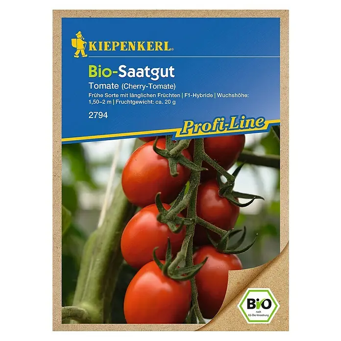 Kiepenkerl Profi-Line Gemüsesamen Tomate - Bolstar Baloe Bio, Solanum lycopersicum, Erntezeit: Juli - Bild einer Samenpackung Kiepenkerl Bio-Saatgut Tomate (Cherry-Tomate) mit einer Abbildung von reifen, roten Cherry-Tomaten am Strauch.