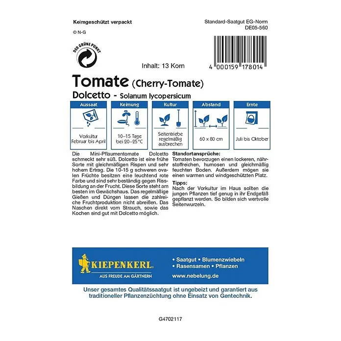 Kiepenkerl Profi-Line Gemüsesamen Tomate - Dolcetto, Solanum lycopersicum, Erntezeit: Juli - Abbildung der Samenpackung für Dolcetto Cherry-Tomaten, ideal für den Anbau aromatischer, roter Mini-Pflaumentomaten.