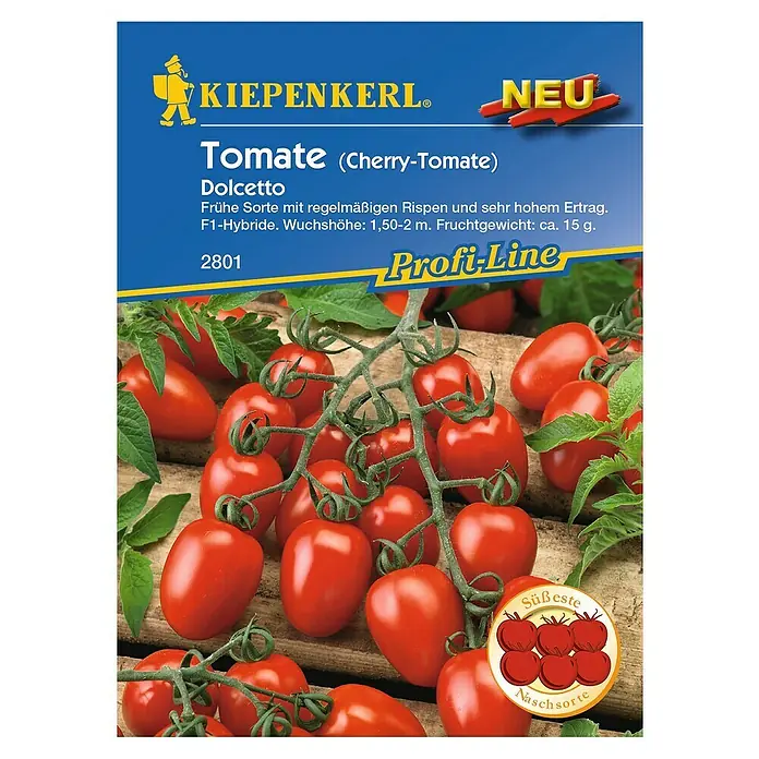 Kiepenkerl Profi-Line Gemüsesamen Tomate - Dolcetto, Solanum lycopersicum, Erntezeit: Juli - Abbildung einer Samenpackung der Kirschtomate Dolcetto von Kiepenkerl, einer frühen Sorte mit hohem Ertrag und einem Fruchtgewicht von ca. 15 g.