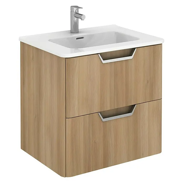 Beauty Waschtischunterschrank - 59,5 x 45 x 56,5 cm, Matt, Nordic Eiche - Modernes Waschtischmöbel mit zwei Schubladen, hellem Holzdekor und Aufsatzwaschbecken mit Armatur für ein stilvolles Badezimmer.