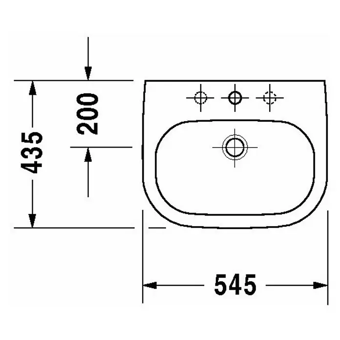 Duravit D-Code Einbauwaschbecken - 54,5 x 43,5 cm, Ohne Spezialglasur, Anzahl Hahnlöcher: 1, Mit Überlauf, Weiß - Draufsicht eines Waschbeckens mit den Maßen 435 mm Höhe und 545 mm Breite, sowie einem Abstand von 200 mm.