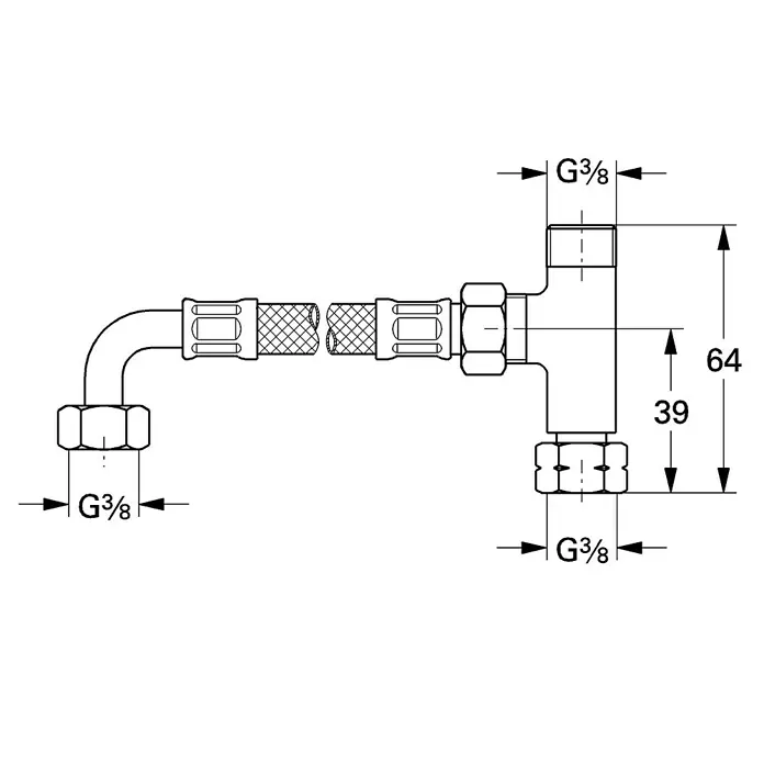 Grohe Anschluss-Set Grohtherm - ⅜″, Passend für: Grohe Grohtherm Micro - Technische Zeichnung eines Wasserhahnanschlusses mit G3/8-Zoll-Gewinde und Maßangaben für Installationen.
