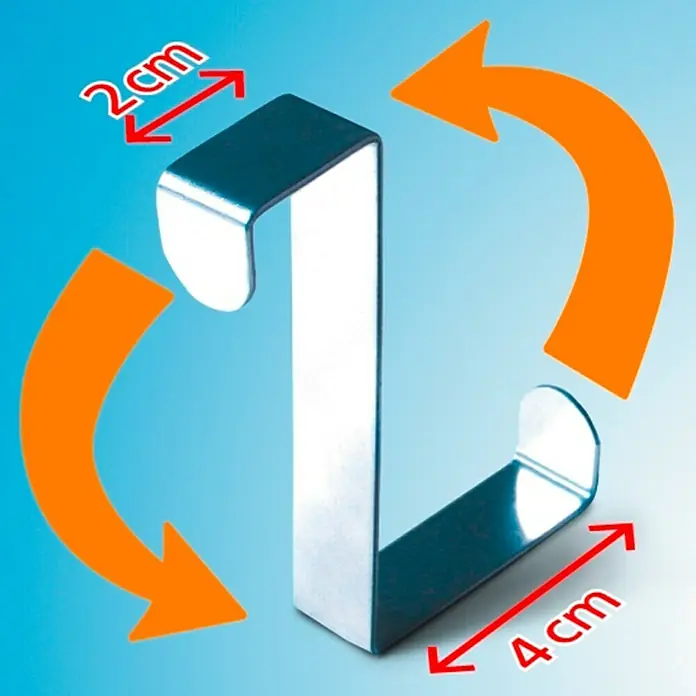Wenko Gancho de puerta - Acero inoxidable, 6 ud. - Primer plano de un colgador de puerta de metal con medidas de 2 cm y 4 cm, que combina funcionalidad y diseño moderno.