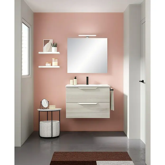 Riva Urban 2.0 LED-Lichtspiegel - 80 x 74,1 cm - Modernes Badezimmer-Interieur mit einem schwebenden Waschtisch mit zwei Schubladen und einem quadratischen Spiegel über einem modernen Waschbecken.