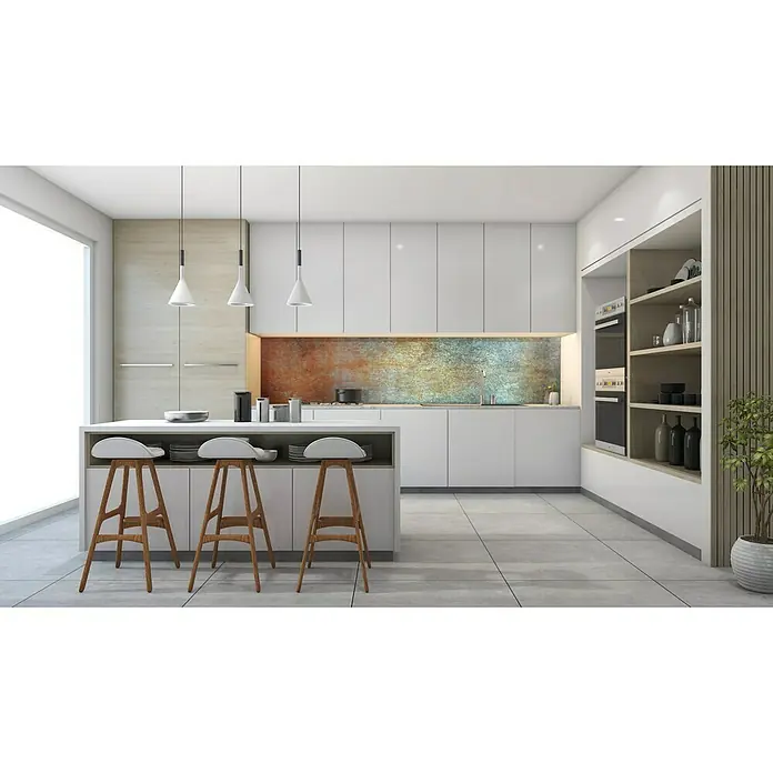 SanDesign Acryl-Verbundplatte - 100 x 250 cm, Colored Rust - Eine moderne Küche mit einer Kücheninsel und Barhockern, die ein stilvolles und funktionales Design bietet.