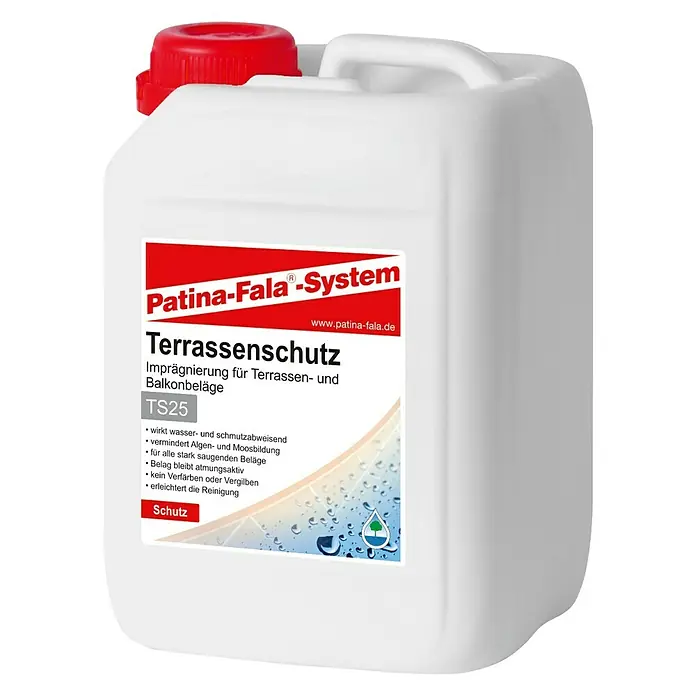 Patina-Fala Imprägnierung Terrassenschutz - 2,5 l - Abbildung eines Kanisters mit "Patina-Fala-System Terrassenschutz", einer Imprägnierung für Terrassen- und Balkonbeläge, wasser- und schmutzabweisend.