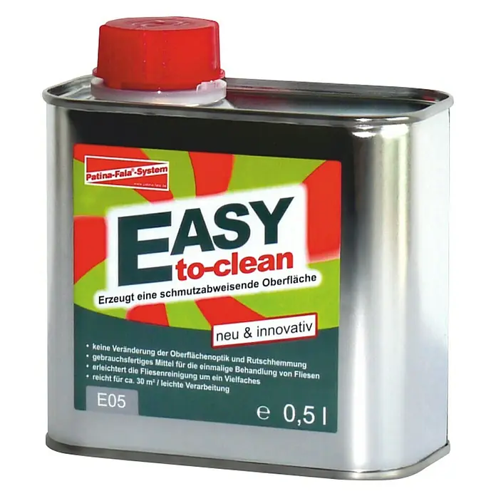 Patina-Fala Reinigungsmittel Easy to clean - 0,5 l - Produktabbildung eines Reinigungsmittels "EASY to-clean" von Patina-Fala-System, ein gebrauchsfertiges Mittel für Fliesen.