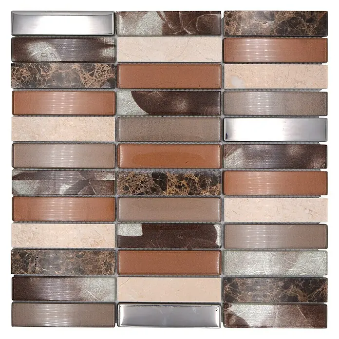 Mosaikfliese Rechteck Crystal Mix NIGHT 78X - 29,8 x 29,8 cm, Beige/Braun, Glänzend - Nahaufnahme eines Mosaiks mit verschiedenen Texturen und Farben, ideal für elegante Wandgestaltungen.