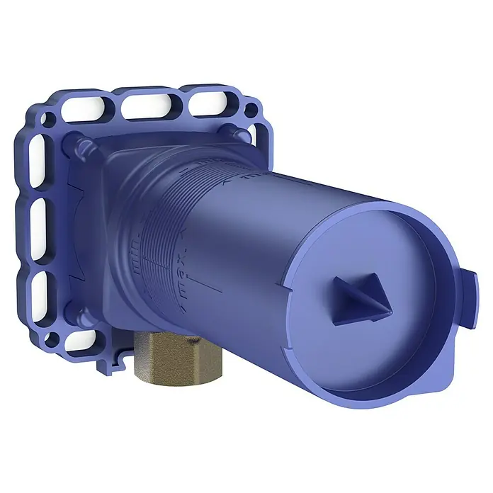 Hansa Matrix Unterputzsystem - Einbautiefe: 65 mm - 90 mm - Nahaufnahme eines blauen Unterputz-Thermostatventils mit Messinganschluss für Badezimmerarmaturen.