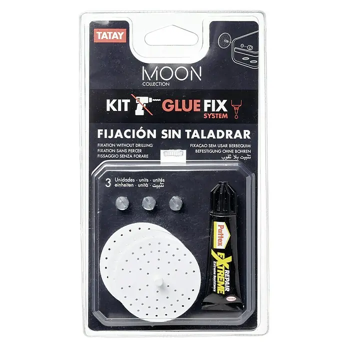 Tatay Moon Kit de fijación Glue & Fix - 3 pzs. - Un paquete de "Moon Collection Glue Fix System" de Tatay, un kit adhesivo de montaje para fijar sin taladrar, incluyendo pegamento y discos.