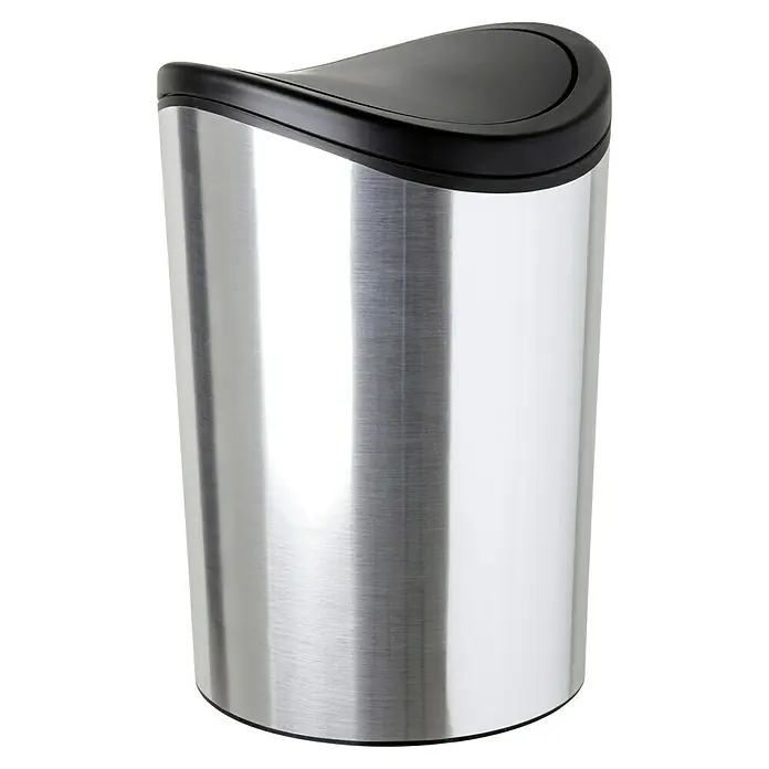 Tatay Papelera de baño STD - 6 l, Negro/Acero inoxidable - Un moderno cubo de basura redondo de acero inoxidable cepillado con tapa negra, perfecto para cualquier hogar elegante.