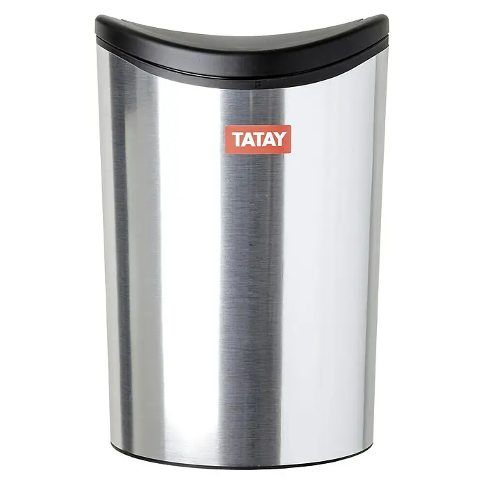 Tatay Papelera de baño STD - 6 l, Negro/Acero inoxidable - Elegante papelera cilíndrica de acero inoxidable con borde negro y logo rojo de Tatay, ideal para la oficina o la cocina.