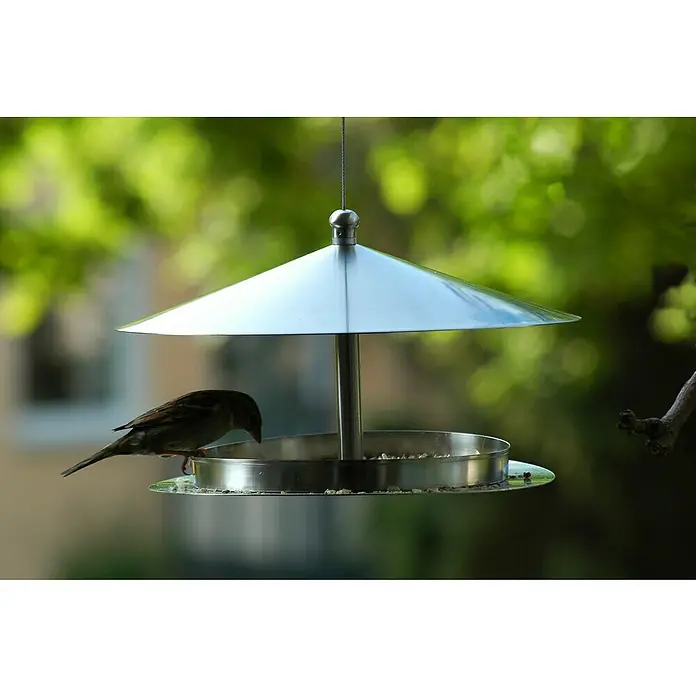 Dobar Vogelhaus Silberglanz - Durchmesser: 29 cm, Höhe: 19,5 cm, Silber, Edelstahl - Ein kleiner brauner Vogel sitzt auf einem silbernen Vogelhäuschen und pickt Körner, der Futterspender hängt an einem dünnen Draht.