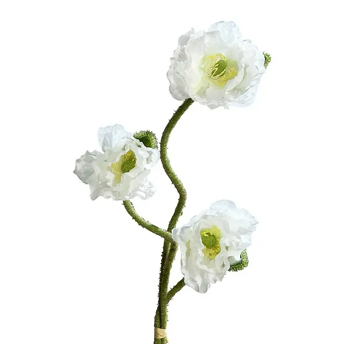Kunstblume Mohnbund - Creme, 72 cm - Ein stilvoller Kunstblumenstiel mit drei weißen Mohnblüten und grünem Stiel, perfekt für eine elegante Dekoration.