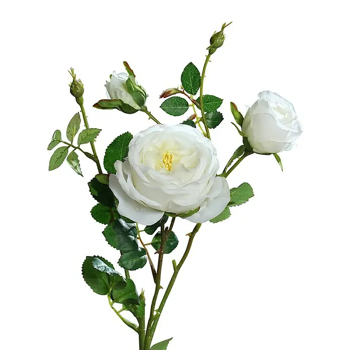 Kunstblume Rose - Creme, 60 cm - Nahaufnahme einer künstlichen weißen Rose mit grünen Blättern und Knospen auf einem schwarzen Hintergrund. Ideal für Dekorationen.
