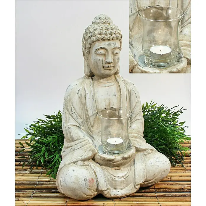 Buddha mit Teelichtglas - L x B x H: 25 x 19 x 40 cm, Creme, Terracotta - Buddha-Figur aus Kunststein mit Teelichthalter, dekorativ und beruhigend für Innenräume. Eine schöne Dekoration für eine entspannte Atmosphäre.