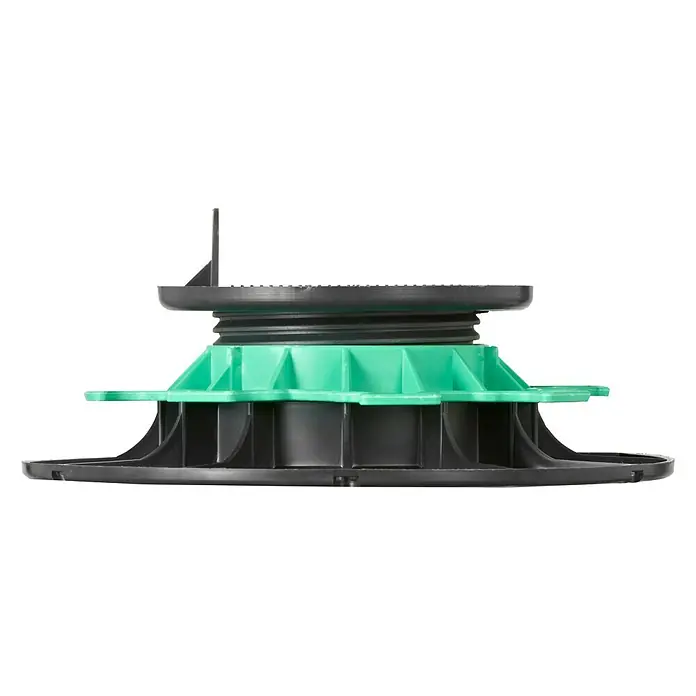 Nivelador de suelos de terrazas - 8 ud., Ajuste de altura: 50 mm - 80 mm - Soporte de pavimento ajustable con elementos verdes y grises para la construcción de terrazas elevadas. El producto proporciona una base estable.