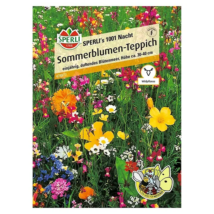 Sperli Wildblumensamen Sommerblumen-Teppich '1001 Nacht' - Wuchshöhe 30 bis 40 cm, 1 m² - Samenpackung Sperli's 1001 Nacht Sommerblumen-Teppich, einjährige, duftende Blütenmischung für einen farbenfrohen Sommergarten.