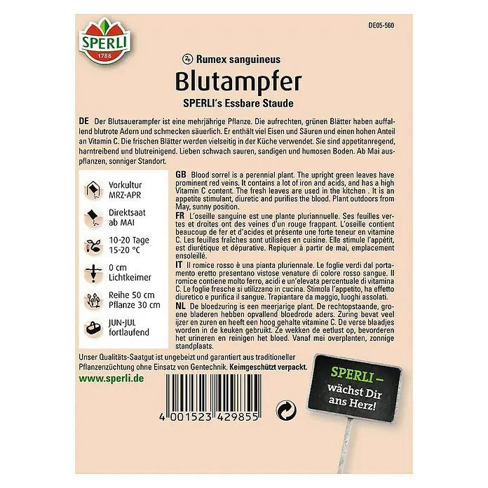 Sperli Salatsamen Blutampfer - Rumex sanguineus, Erntezeit: Mai - Abbildung der Samenpackung für Blutampfer (Rumex sanguineus) von SPERLI.