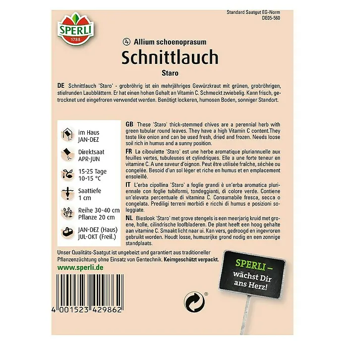 Sperli Kräutersamen Schnittlauch - Staro - Saatscheiben, Allium schoenoprasum, Saatzeit: April, Erntezeit: Ganzjährig - Abbildung des Sperli Schnittlauch 'Staro' Saatguts.