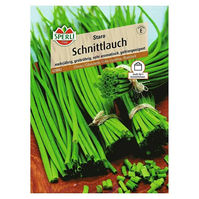 Sperli Kräutersamen Schnittlauch - Staro - Saatscheiben, Allium schoenoprasum, Saatzeit: April, Erntezeit: Ganzjährig - Abbildung einer Samentüte 'Schnittlauch Staro' von Sperli, die mehrjährige, aromatische und gefriergeeignete Schnittlauchpflanzen verspricht.