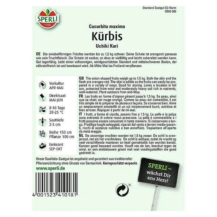 Sperli Gemüsesamen Kürbis - Uchiki Kuri, Cucurbita maxima, Erntezeit: September - SPERLI Kürbis Uchiki Kuri Saatgutpackung. Zwiebelförmige Früchte, bis 1,5 kg schwer, orangerotes Fruchtfleisch. Liebt sonnigen, windgeschützten Standort.