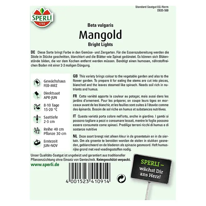 Sperli Gemüsesamen Mangold - Bright Lights, Beta vulgaris, Erntezeit: Juni - Bild einer Mangold Bright Lights Samenpackung von Sperli, ideal für farbenfrohe Gemüse- und Ziergärten.