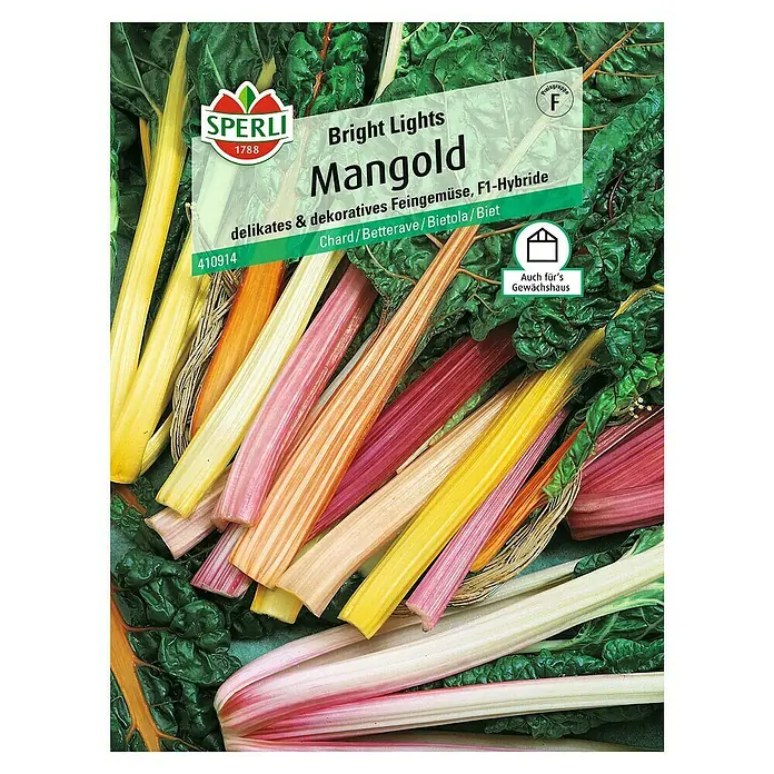 Sperli Gemüsesamen Mangold - Bright Lights, Beta vulgaris, Erntezeit: Juni - Samenpackung 'Bright Lights Mangold' von Sperli, eine farbenfrohe und dekorative Sorte, ideal für Garten und Gewächshaus.