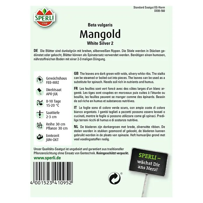 Sperli Gemüsesamen Mangold - White Silver, Beta vulgaris, Erntezeit: Juni - SPERLI Mangold White Silver 2 Saatgutpackung. Dunkelgrüne Blätter mit breiten, silberweißen Rippen für den Anbau im Gemüsegarten.