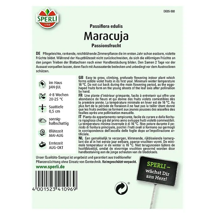 Sperli Obstsamen Maracuja - Passiflora edulis, Erntezeit: August - Produktbild der Passiflora edulis 'Maracuja' Samenpackung von Sperli, ideal für den Anbau dieser tropischen Kletterpflanze.