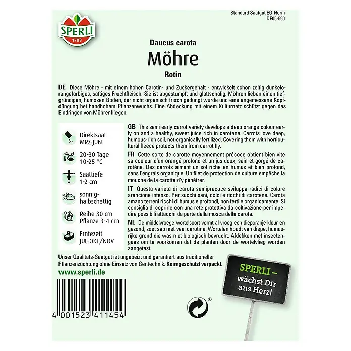 Sperli Gemüsesamen Möhre - Rotin, Daucus carota, Erntezeit: Juli - SPERLI Möhre Rotin Saatgutpackung. Dunkelorangefarbene, saftige Möhren für den Anbau im eigenen Garten.
