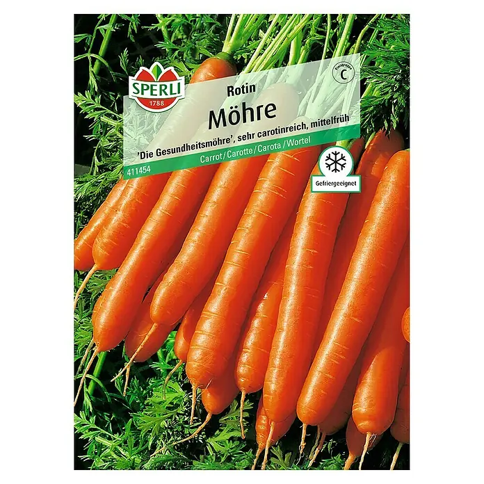 Sperli Gemüsesamen Möhre - Rotin, Daucus carota, Erntezeit: Juli - Rotin Möhre Samenpackung von Sperli. Die 'Gesundheitsmöhre', sehr karotinreich, mittelfrüh und gefriergeeignet.