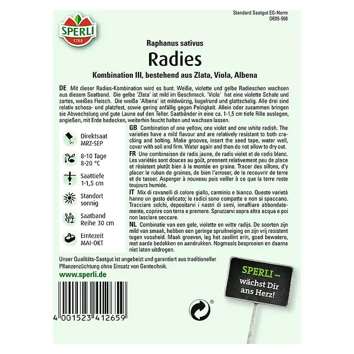Sperli Gemüsesamen Radies - Kombination III, Raphanus sativus, Erntezeit: Mai - SPERLI Radies-Saatgut 'Kombination III' mit bunten Sorten für den Gartenanbau.