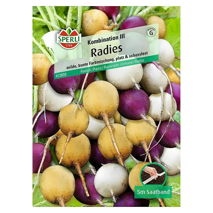 Sperli Gemüsesamen Radies - Kombination III, Raphanus sativus, Erntezeit: Mai - Samenpackung Radieschen 'Kombination III' von Sperli, eine bunte Mischung für den Garten. Inklusive 5m Saatband für einfache Aussaat.