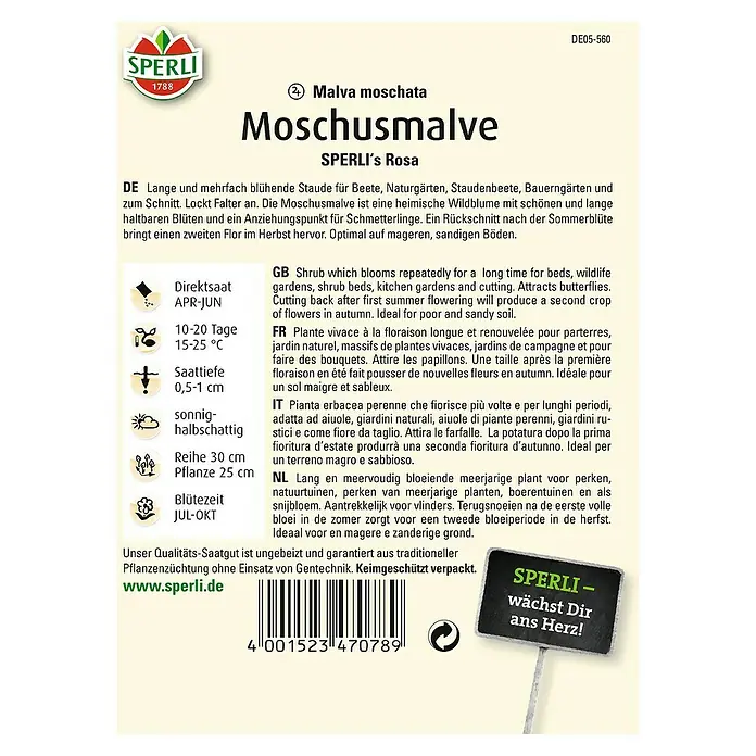Sperli Blumensamen Moschusmalve - Malva moschata, Blütezeit: Juli - Samenpackung Moschusmalve 'Sperli's Rosa'.\n