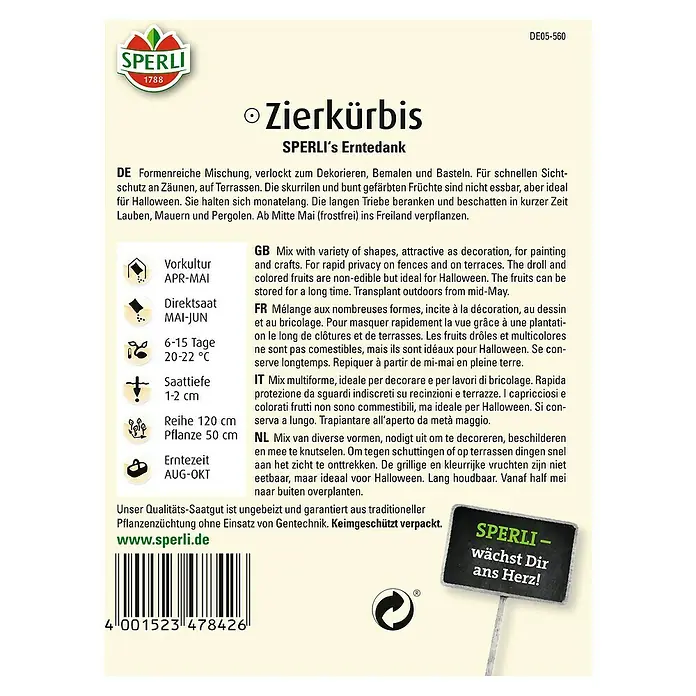 Sperli Saatgut Zierkürbis - Erntedank - Abbildung der Samenpackung Zierkürbis von Sperli, ideal für Dekoration, Bemalen und Basteln.