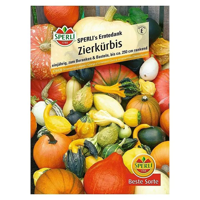 Sperli Saatgut Zierkürbis - Erntedank - Vielfältige Zierkürbisse 'Erntedank' von Sperli. Einjährige Sorte, ideal zum Dekorieren und Basteln mit Ranken bis zu 250 cm Länge.