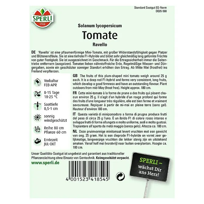 Sperli Gemüsesamen Tomate - Ravello, Solanum lycopersicum, Erntezeit: Juli - SPERLI Tomate Ravello: Pflaumenförmige Mini-Tomate, widerstandsfähig, mit tiefroten Früchten und hervorragendem Geschmack.