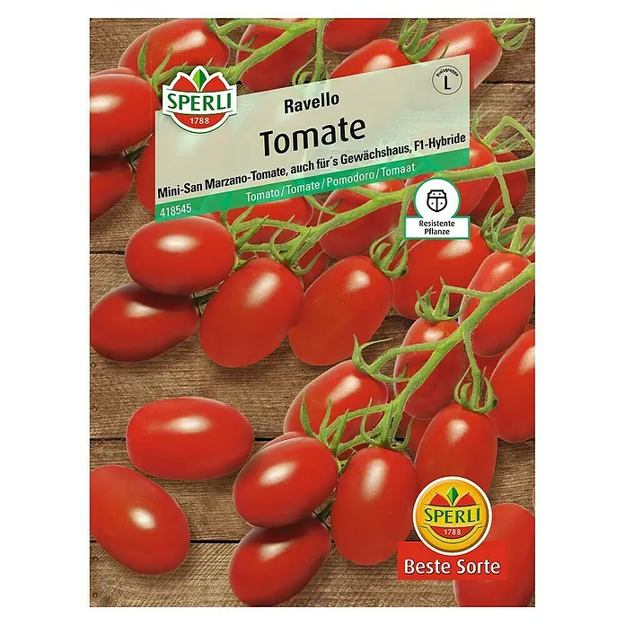 Sperli Gemüsesamen Tomate - Ravello, Solanum lycopersicum, Erntezeit: Juli - Bild einer Samenpackung 'Ravello Tomate'.