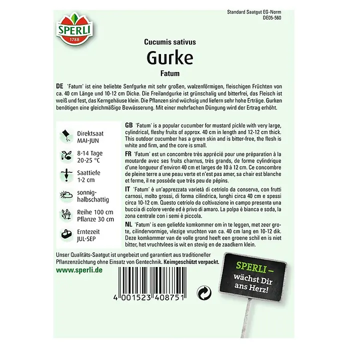 Sperli Gemüsesamen Salatgurke - Fatum, Cucumis sativus, Erntezeit: Juli - Bild einer Samenpackung für 'Fatum' Gurken, eine beliebte Sorte mit großen, walzenförmigen Früchten.