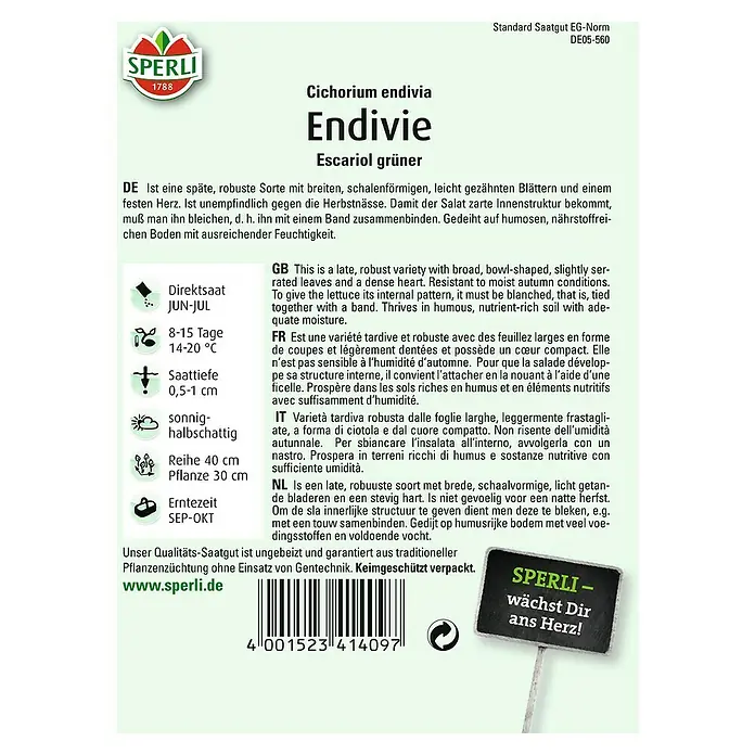 Sperli Salatsamen Endivie Escariol grüner - Cichorium endivia, Erntezeit: September - Bild einer "Endivie Escariol grüner" Samenpackung von Sperli, die späte, robuste Endiviensorte für den Garten.