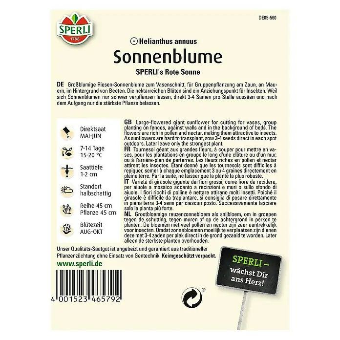 Sperli Blumensamen Sonnenblume - Rote Sonne, Helianthus annuus, Blütezeit: August - Sonnenblumen-Samenpackung von Sperli's Rote Sonne. Großblumige Riesen-Sonnenblume für den Garten.