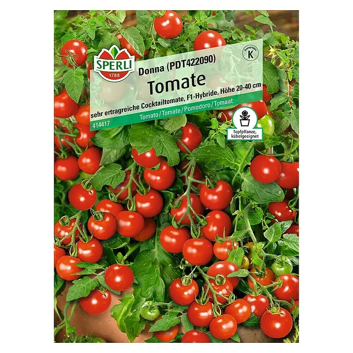 Sperli Gemüsesamen Tomate - Donna, Solanum lycopersicum, Erntezeit: Juli - Abbildung der Tomatensamenpackung Donna (PDT422090) von Sperli, eine ertragreiche Cocktailtomate für Topf und Kübel.