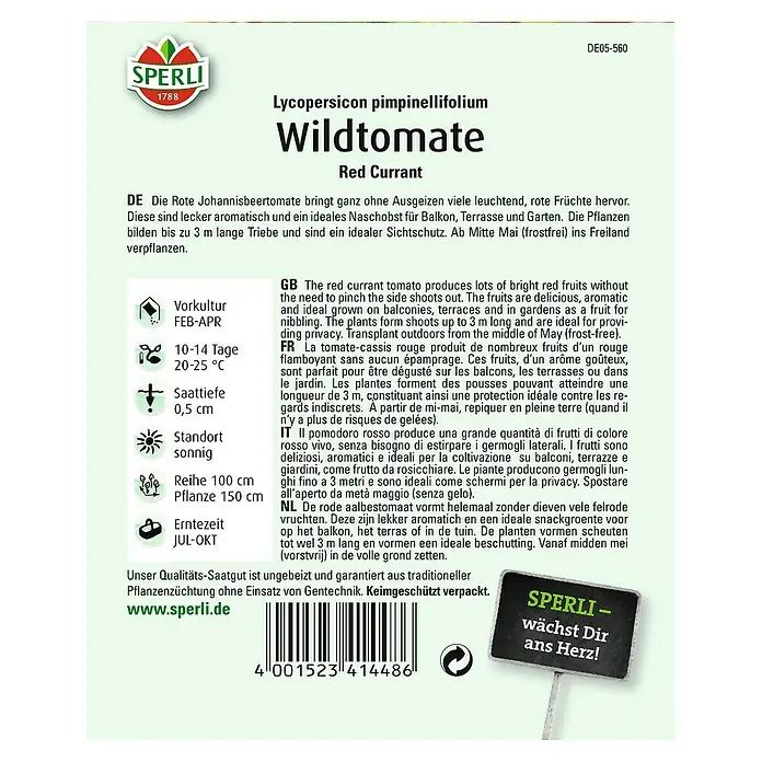 Sperli Gemüsesamen Wildtomate - Red Currant, Solanum lycopersicum, Erntezeit: Juli - Samenpackung Wildtomate Red Currant von Sperli.