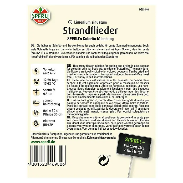 Sperli Blumensamen Strandflieder - Limonium sinuatum, Blütezeit: Juli - SPERLI's Colorita Mischung Strandflieder: Ideal für bunte Sommerbeete und Trockenblumen. Lockt Schmetterlinge an.