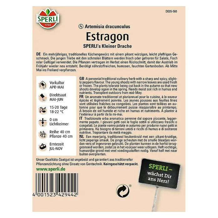 Sperli Kräutersamen Estragon Kleiner Drache - Artemisia dracunculus, Saatzeit: Mai, Erntezeit: Juli - Produktabbildung: Estragon-Samenpackung von Sperli, ein mehrjähriges Küchenkraut mit würzigem Geschmack, ideal für Salate und Fischgerichte.