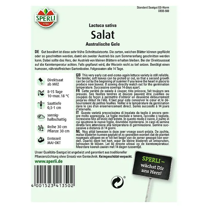 Sperli Salatsamen Pflücksalat - Australische Gele, Lactuca sativa, Erntezeit: Mai - SPERLI Salat Australische Gele: Eine sehr frühe, zuverlässige Schnittsalatsorte mit zarten, weichen Blättern für den Garten.